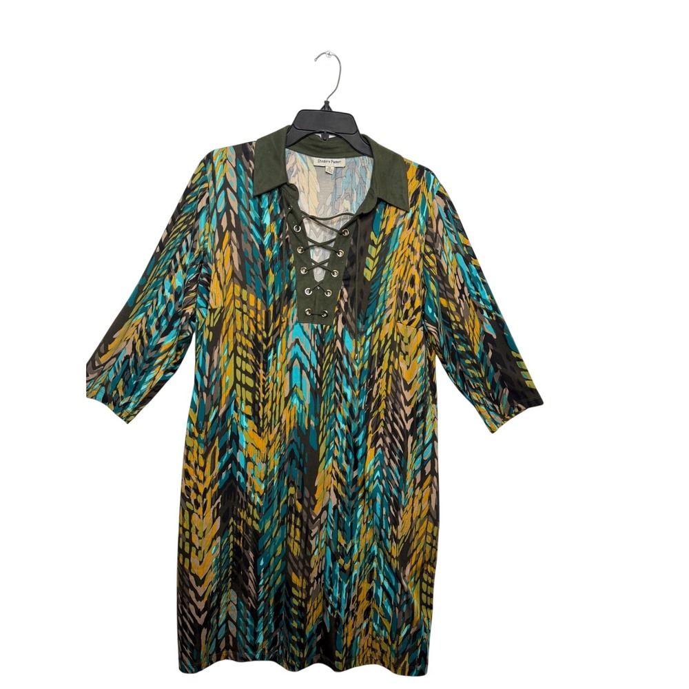 Shelby & Palmer Womens 1X Green Yellow Teal Geometric Lace Up Shift Dress 3/4